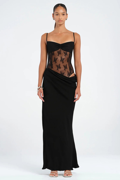 Floral Lace Patchwork Ruched Slim Fit Strappy Maxi Dresses-Blue