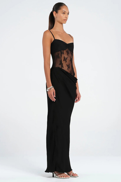 Floral Lace Patchwork Ruched Slim Fit Strappy Maxi Dresses-Blue