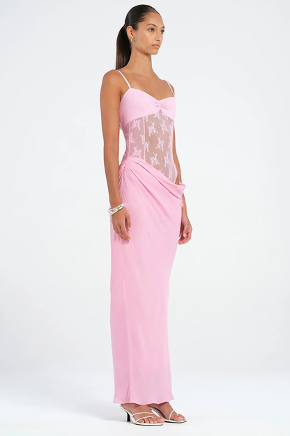 Floral Lace Patchwork Ruched Slim Fit Strappy Maxi Dresses-Blue