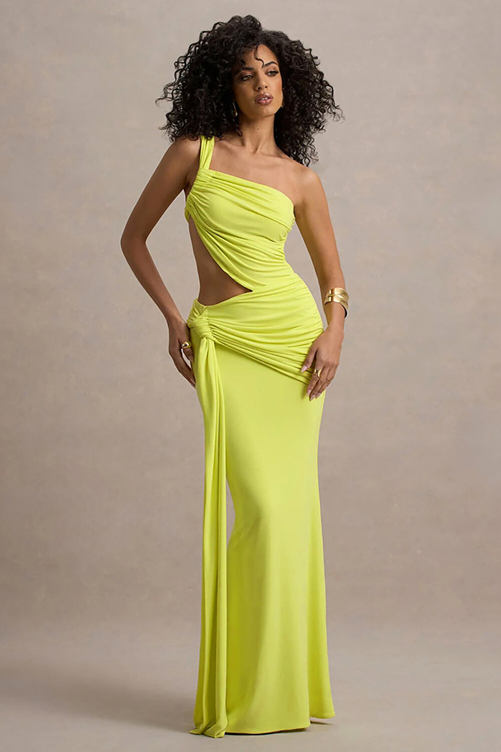 One Shoulder Cutout Ruched Slim Fit Side Sash Irregular Maxi Dresses-Orange