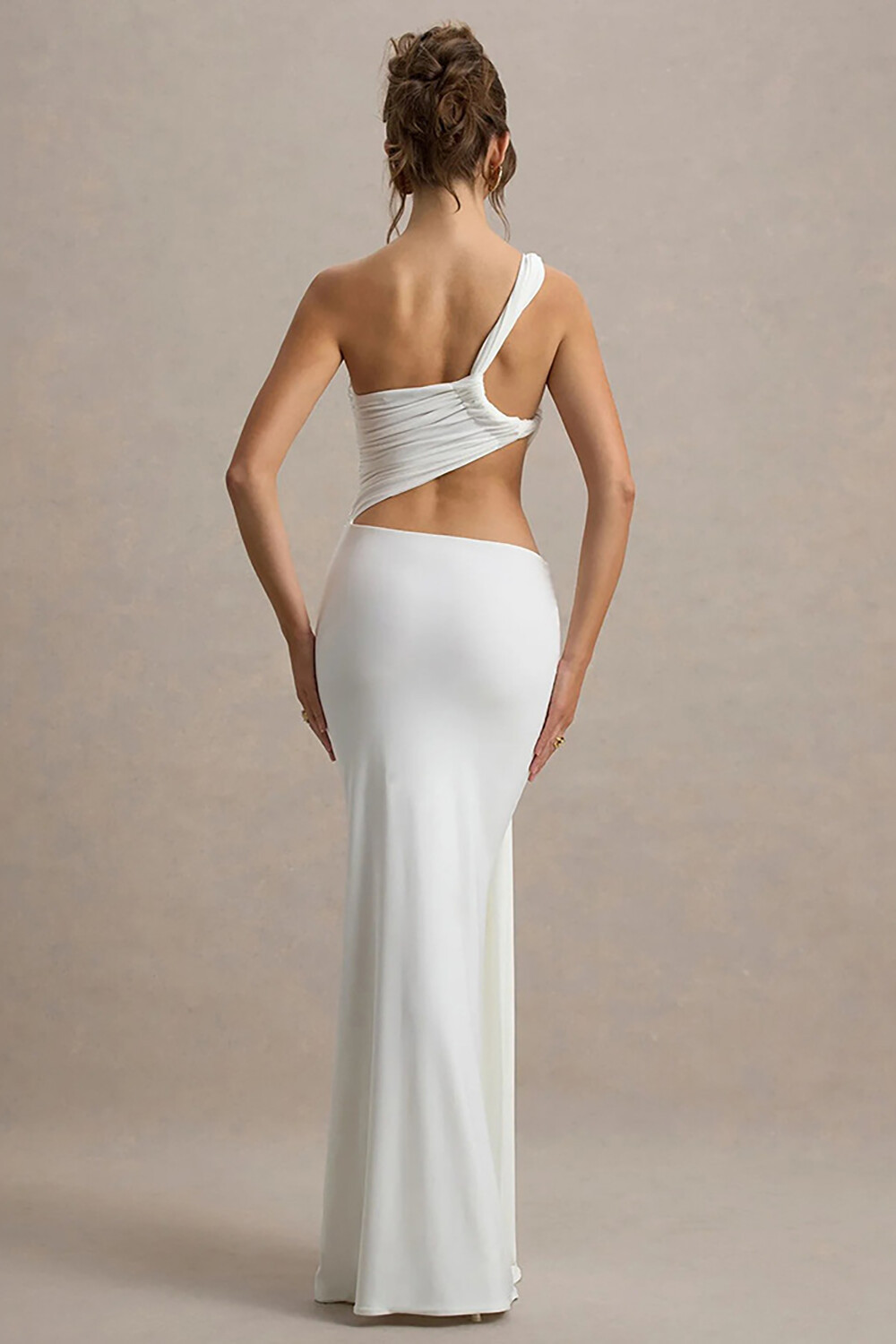 One Shoulder Cutout Ruched Slim Fit Side Sash Irregular Maxi Dresses-Orange