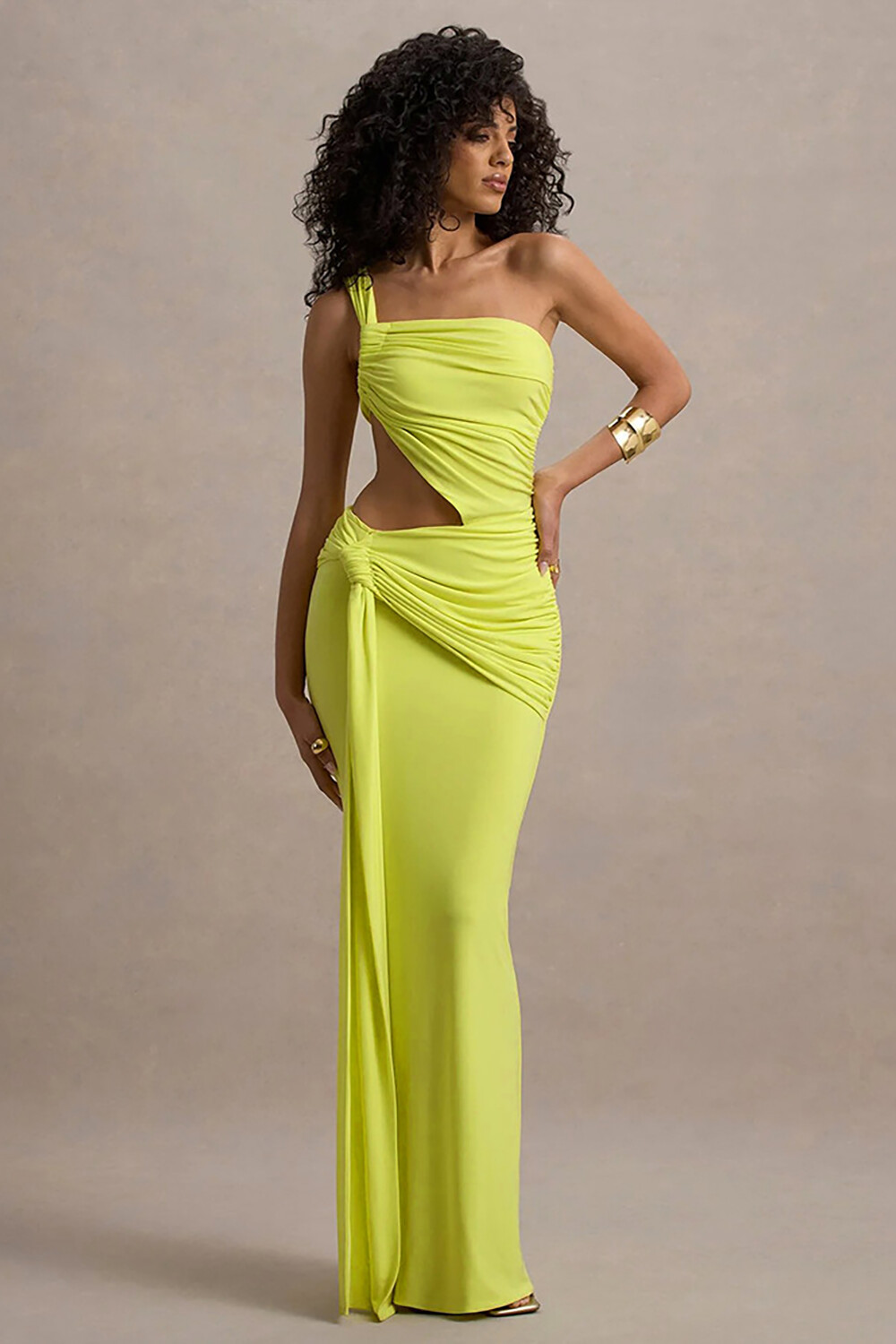One Shoulder Cutout Ruched Slim Fit Side Sash Irregular Maxi Dresses-Orange
