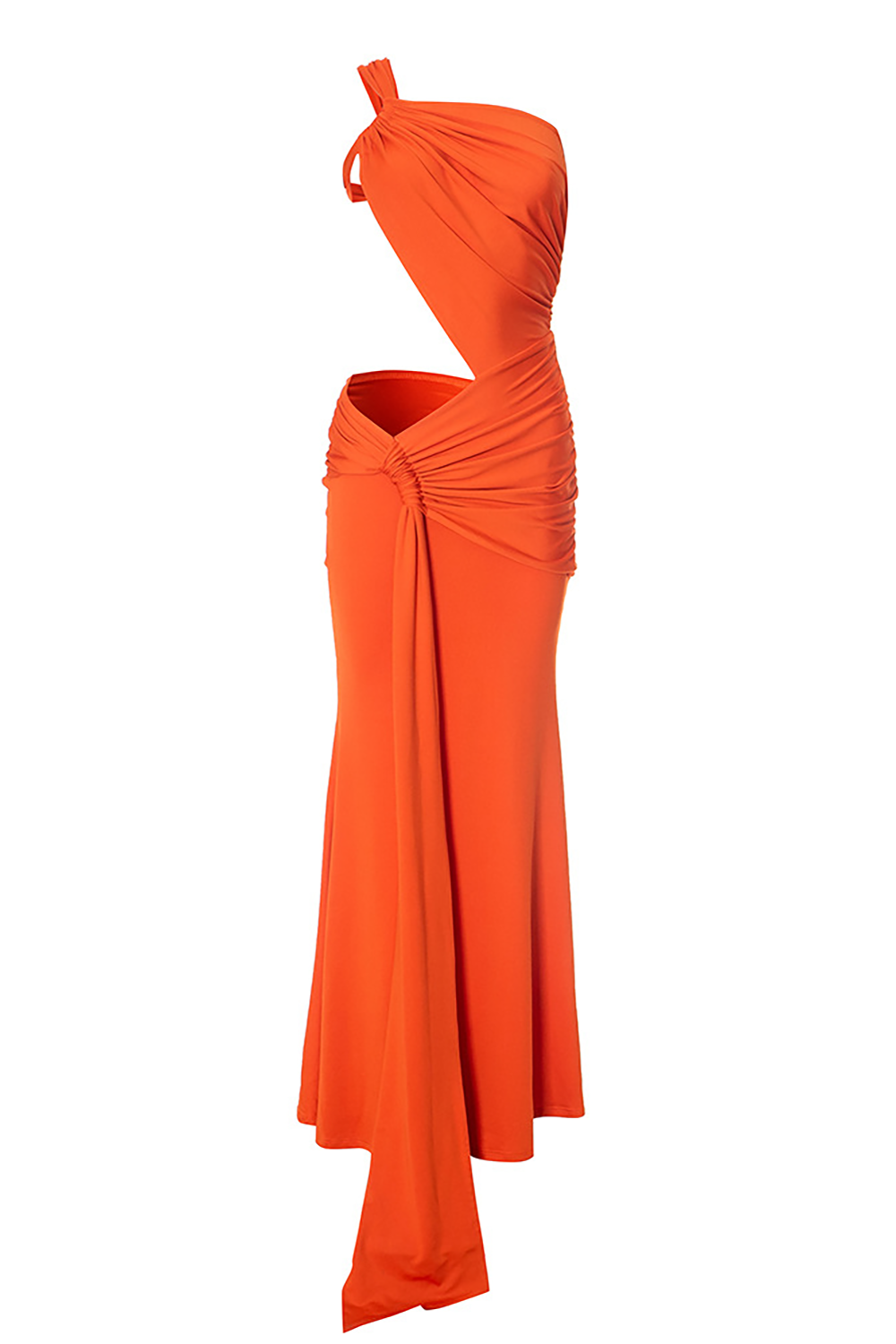 One Shoulder Cutout Ruched Slim Fit Side Sash Irregular Maxi Dresses-Orange