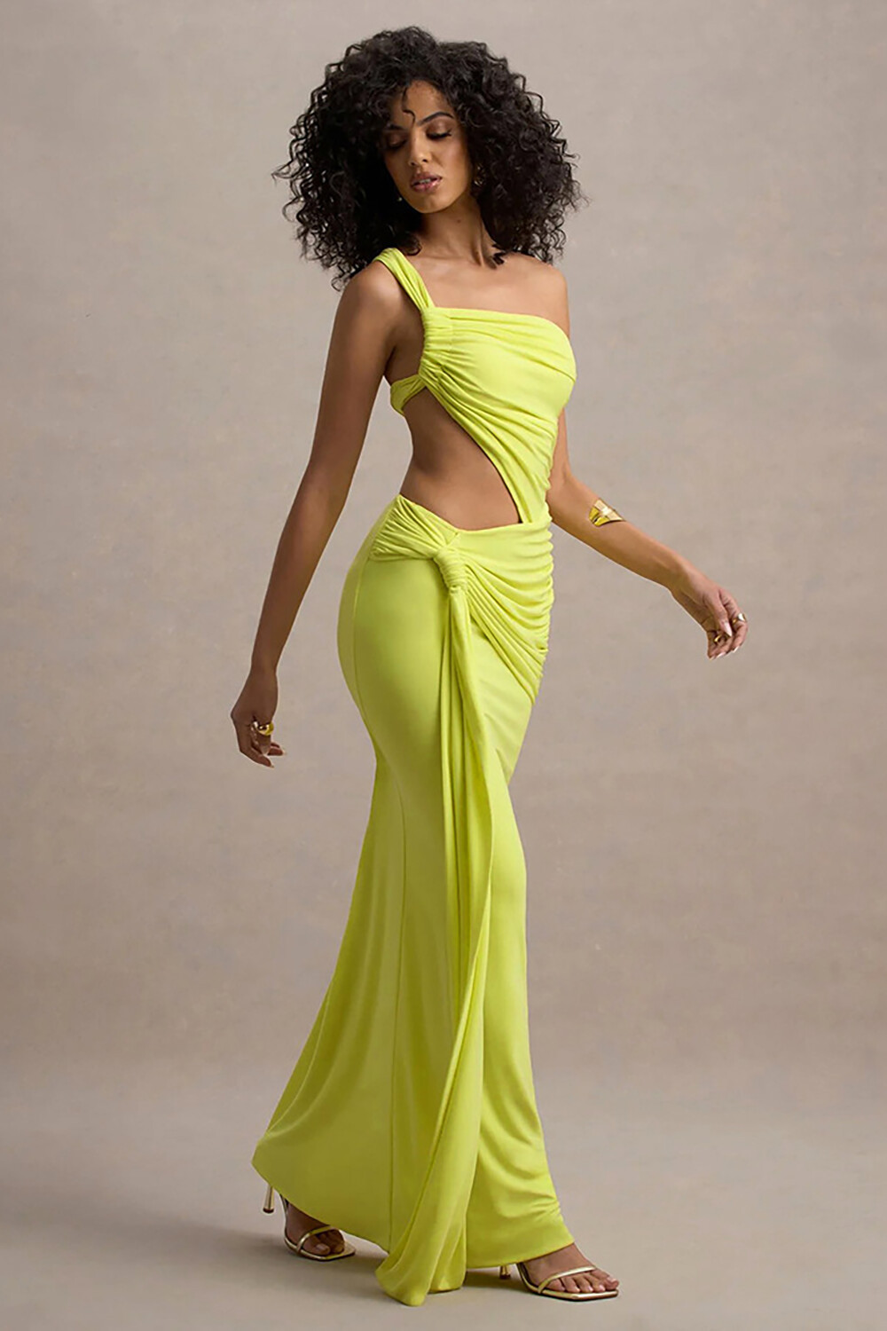 One Shoulder Cutout Ruched Slim Fit Side Sash Irregular Maxi Dresses-Orange