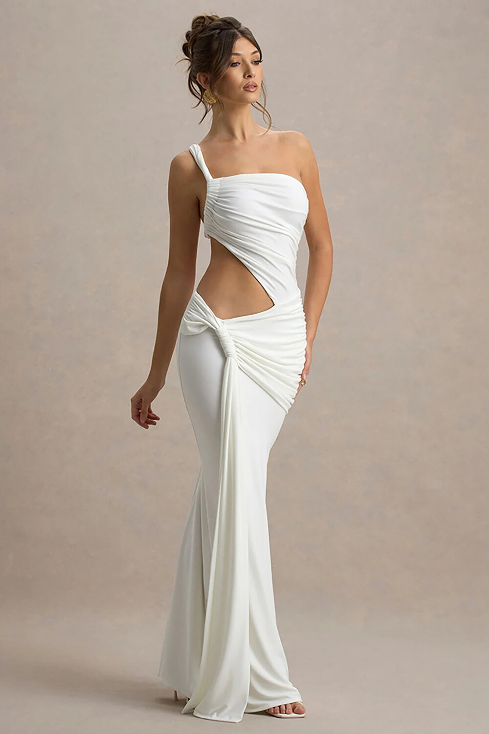 One Shoulder Cutout Ruched Slim Fit Side Sash Irregular Maxi Dresses-Orange