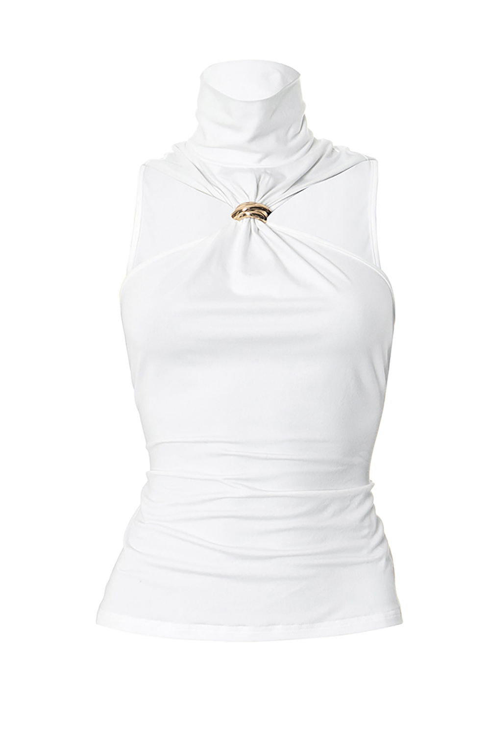Sleeveless High Collar Metal Ring Decor Solid Color Top-White