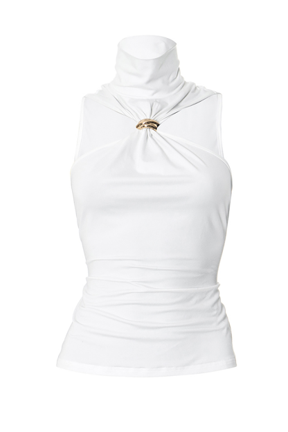 Sleeveless High Collar Metal Ring Decor Solid Color Top-White
