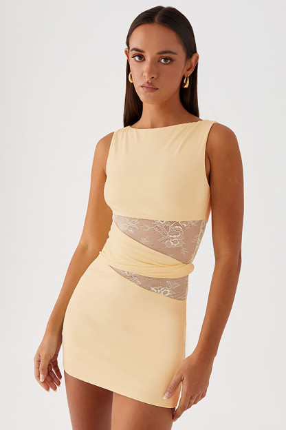 Lace Patchwork Twisted Ruched Solid Color Sleeveless Mini Dresses-Beige