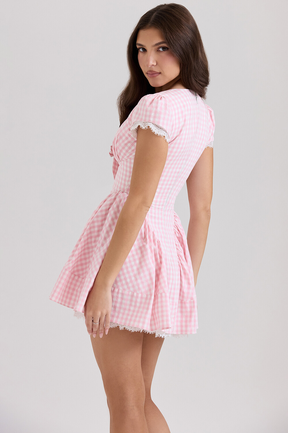 Plaid Print Short Sleeve V Neck Cinch Waist Mini Dresses-Pink [Pre Order]