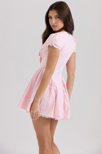 Plaid Print Short Sleeve V Neck Cinch Waist Mini Dresses-Pink [Pre Order]