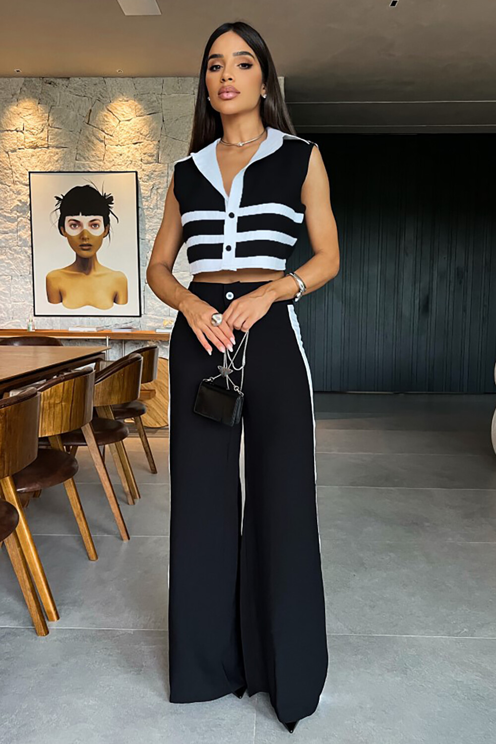 Colorblock Striped Crop Top Wide Leg Pants 2pcs Set-Black [Pre Order]