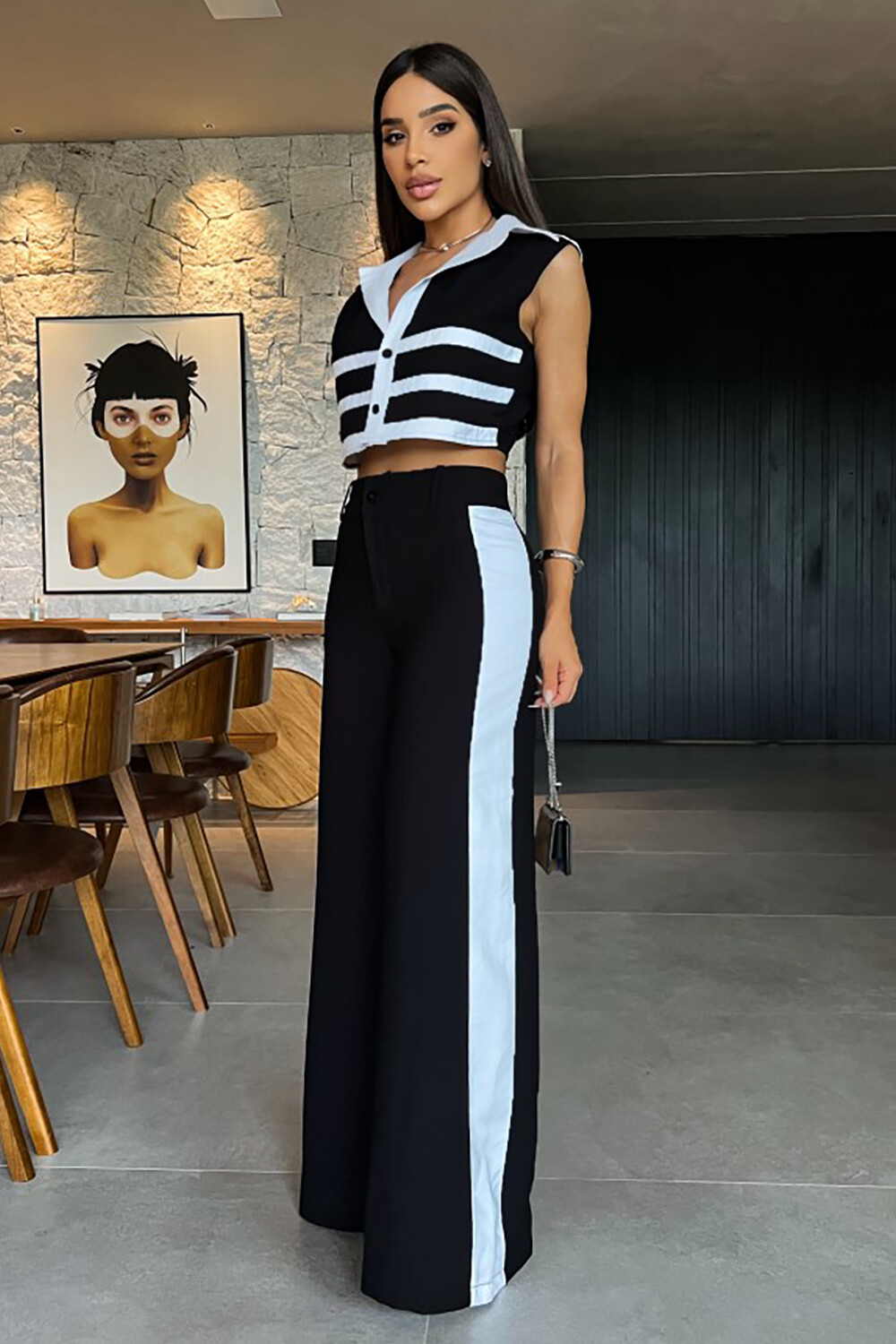 Colorblock Striped Crop Top Wide Leg Pants 2pcs Set-Black [Pre Order]