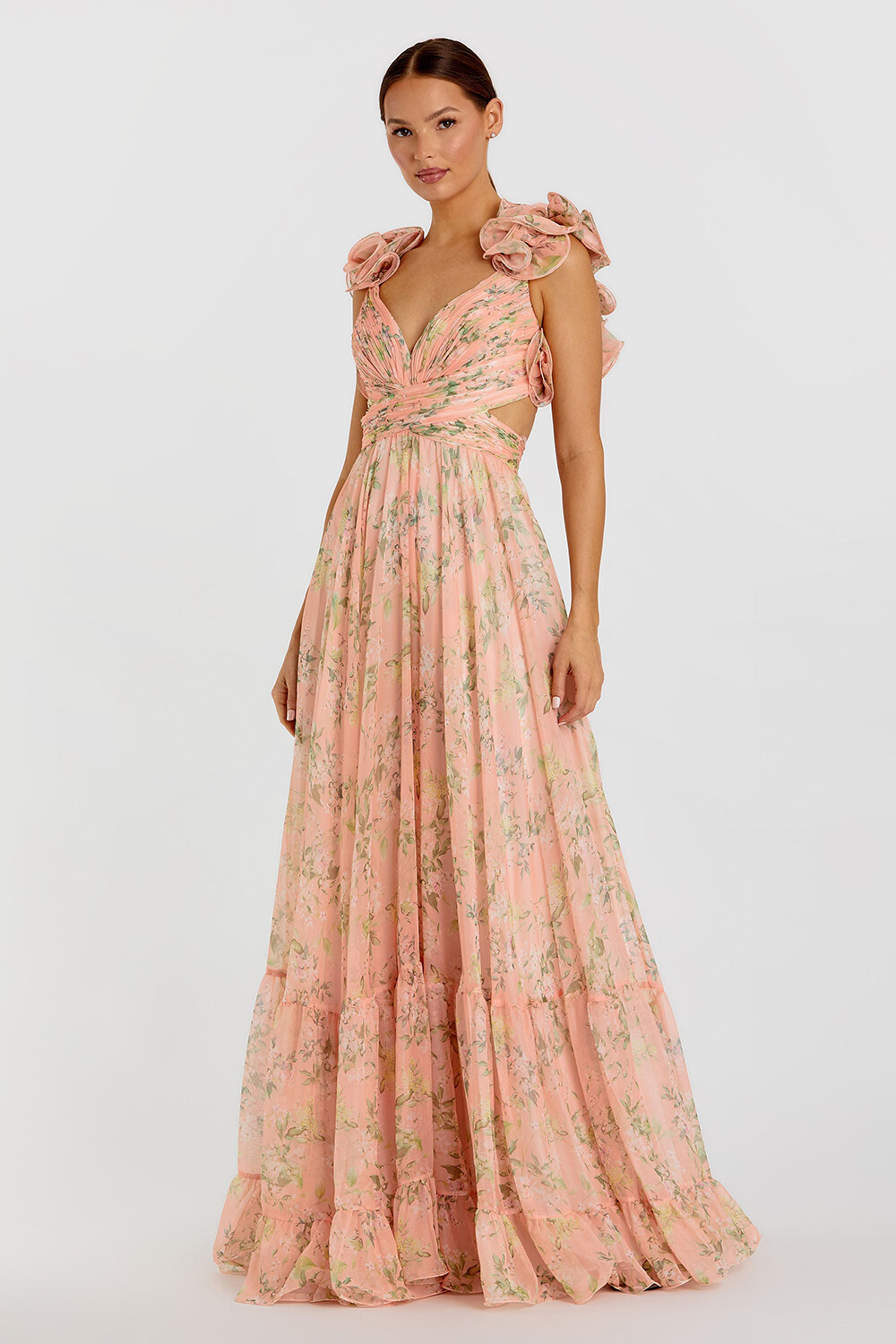 Ruffled Lace Up Backless Floral Print Gowns Maxi Dresses-Pink [Pre Order]