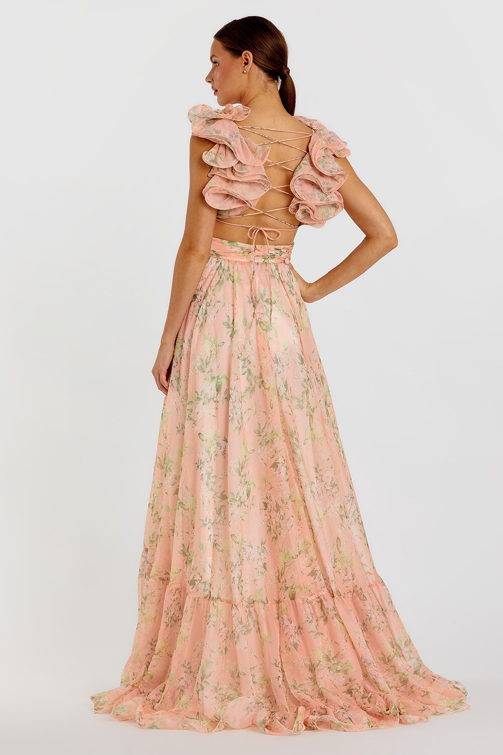 Ruffled Lace Up Backless Floral Print Gowns Maxi Dresses-Pink [Pre Order]