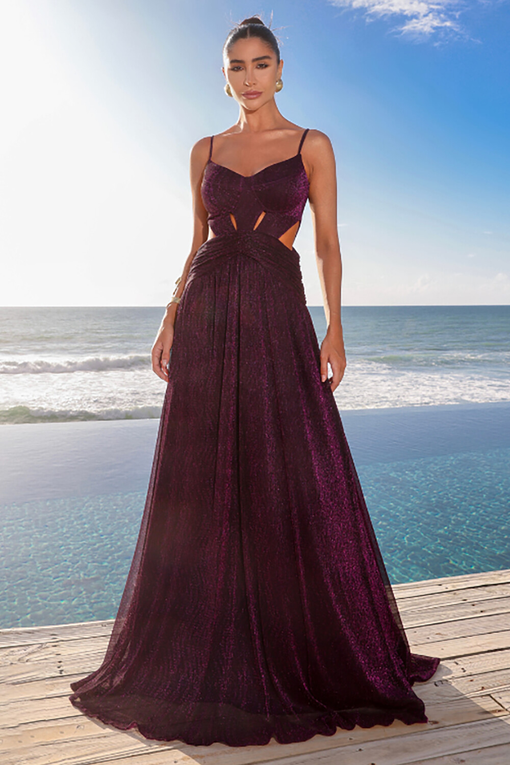 Waist Cutout Shimmering Gowns Strappy Maxi Dresses-Purple [Pre Order]