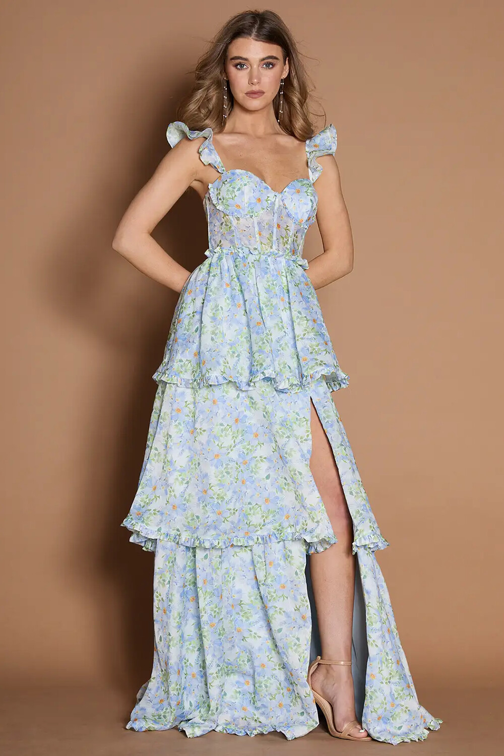 Ditsy Floral Print Ruffled Straps Slit Gowns Maxi Dresses-Blue [Pre Order]