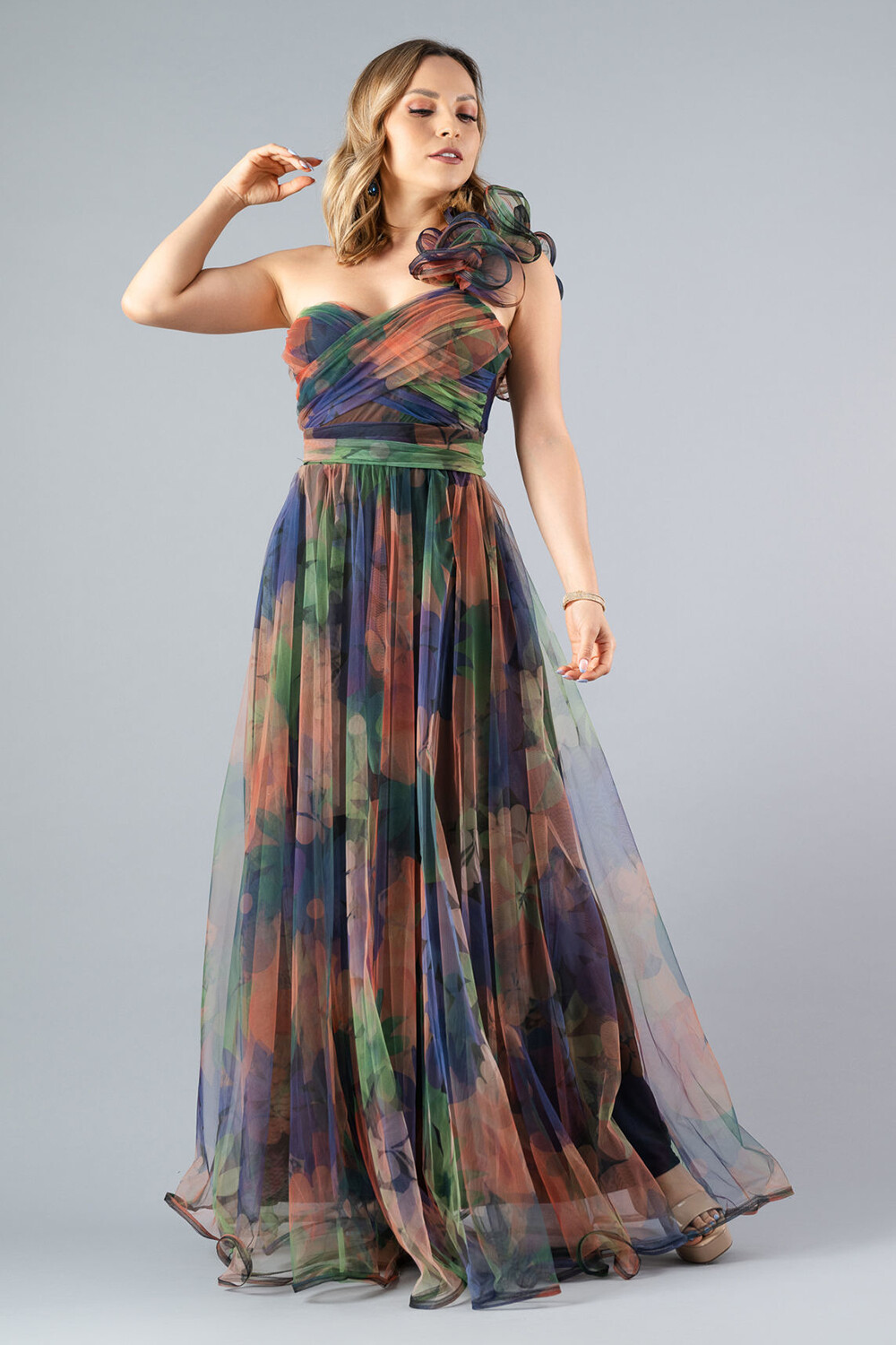 Tulle Gowns Ruffled One Shoulder Floral Print Maxi Dresses-Green [Pre Order]