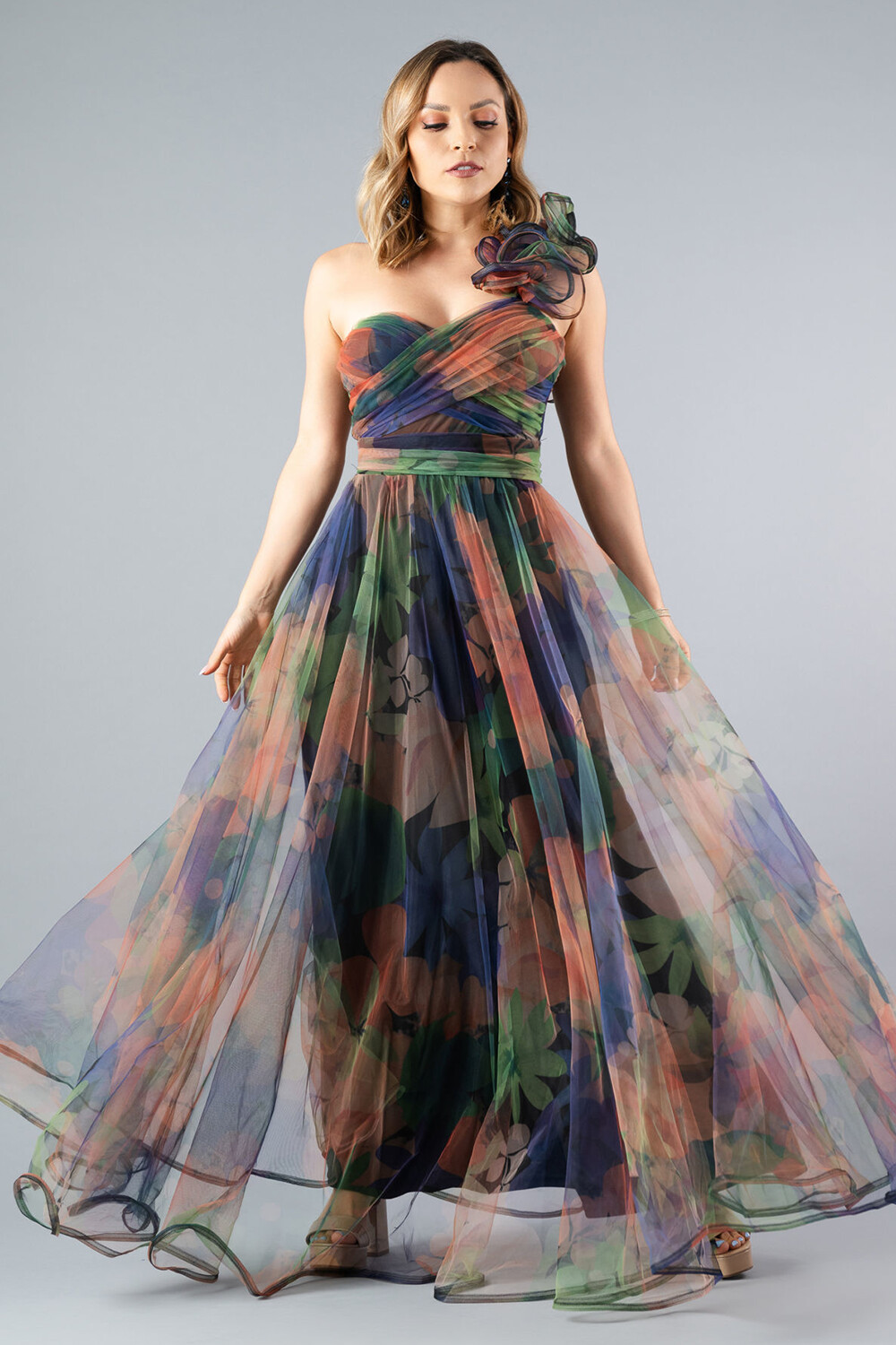 Tulle Gowns Ruffled One Shoulder Floral Print Maxi Dresses-Green [Pre Order]