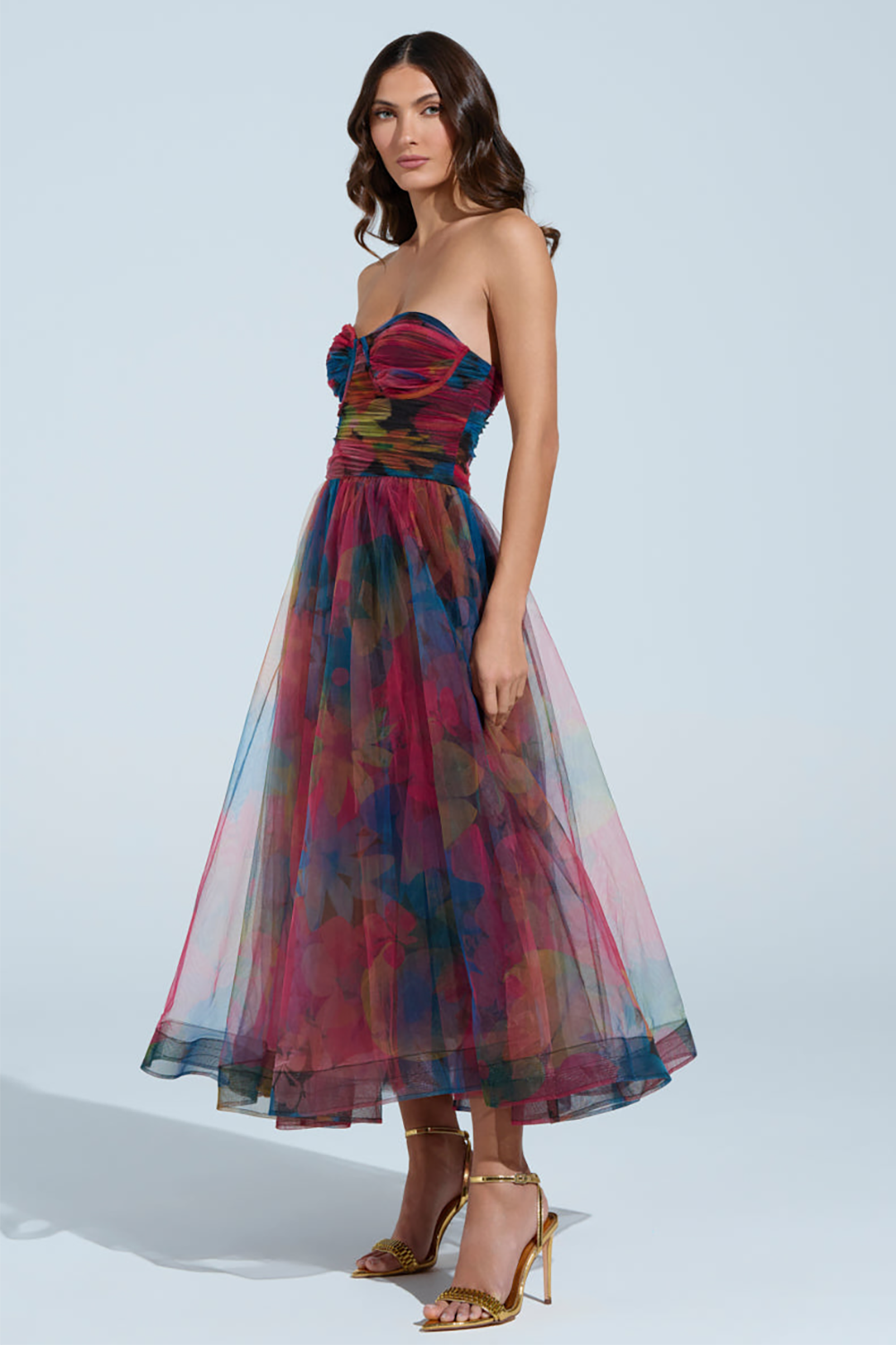 Strapless Ruched Cinch Waist Floral Print Tulle Midi Dresses-Red [Pre Order]