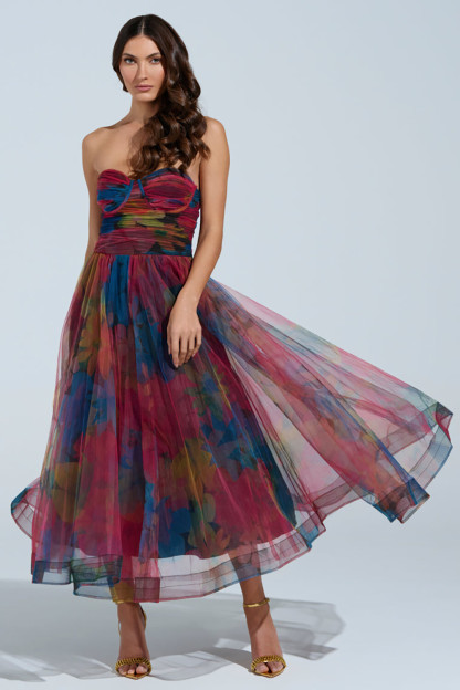Strapless Ruched Cinch Waist Floral Print Tulle Midi Dresses-Red [Pre Order]