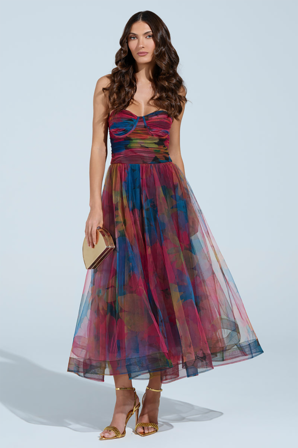 Strapless Ruched Cinch Waist Floral Print Tulle Midi Dresses-Red [Pre Order]