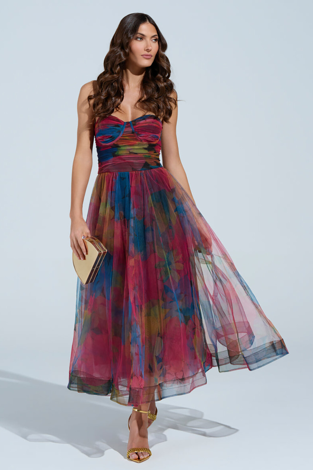 Strapless Ruched Cinch Waist Floral Print Tulle Midi Dresses-Red [Pre Order]