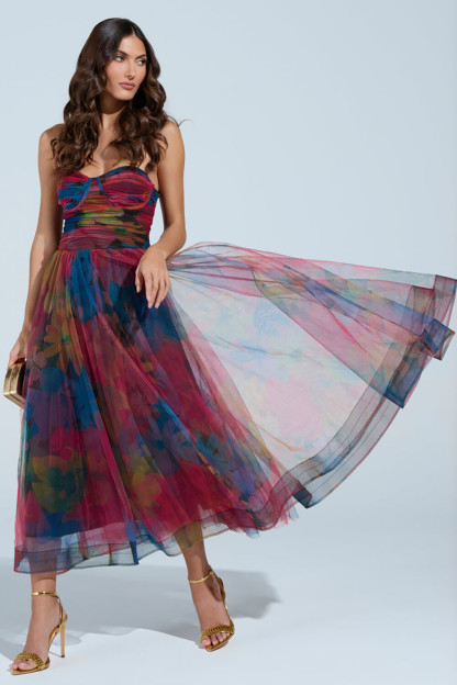 Strapless Ruched Cinch Waist Floral Print Tulle Midi Dresses-Red [Pre Order]