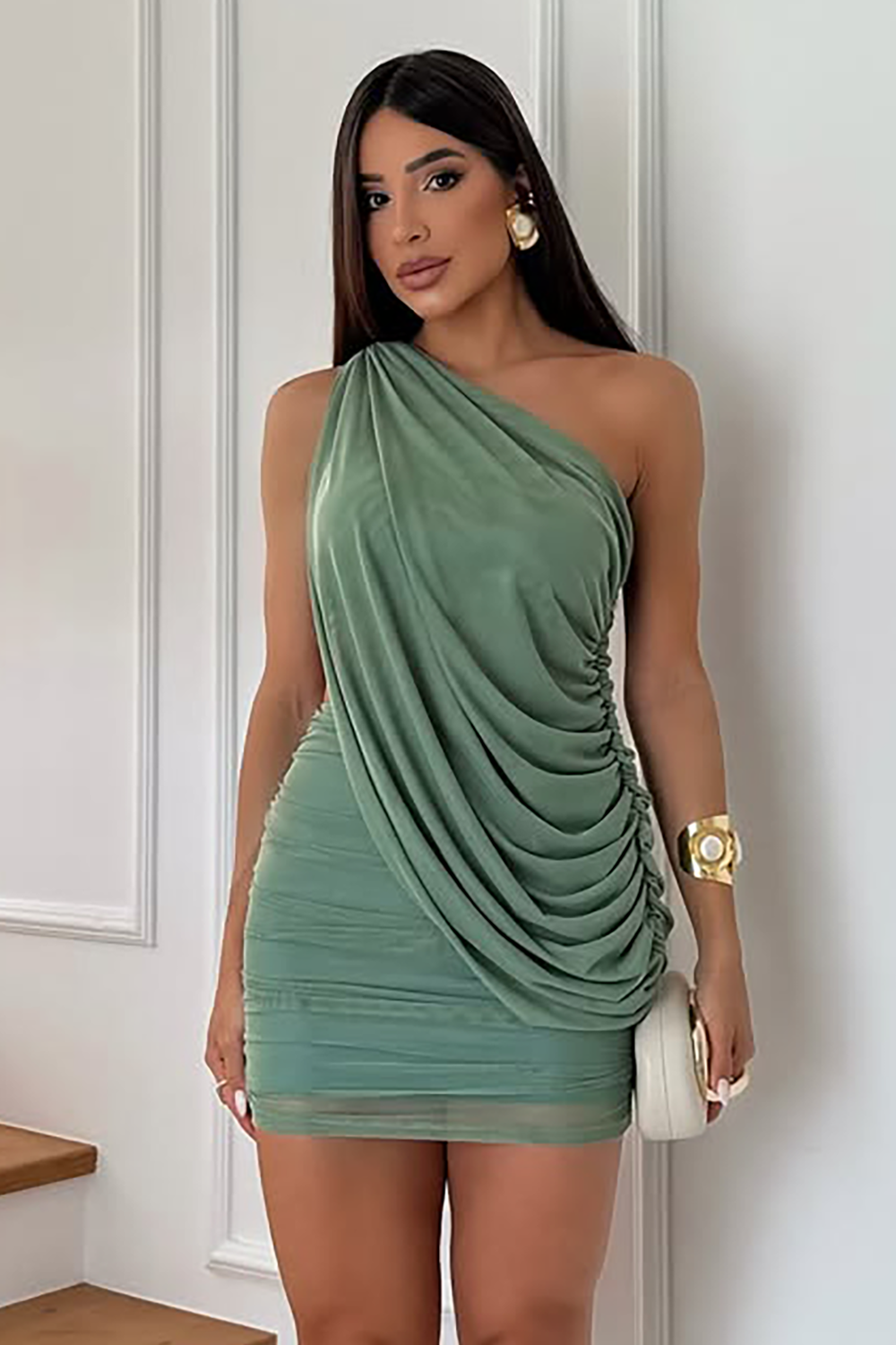 Sleeveless One Shoulder Ruched Overlay Fitted Mini Dresses-Green [Pre Order]