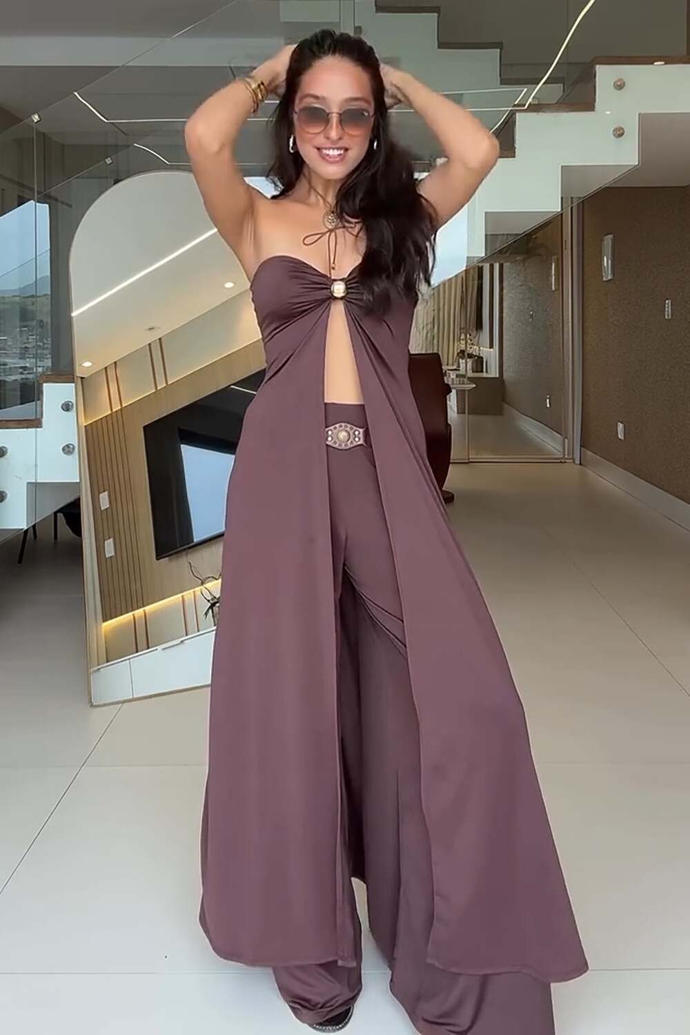 Strapless Front Slit Top Wide Leg Pants Matching Set-Brown [Pre Order]