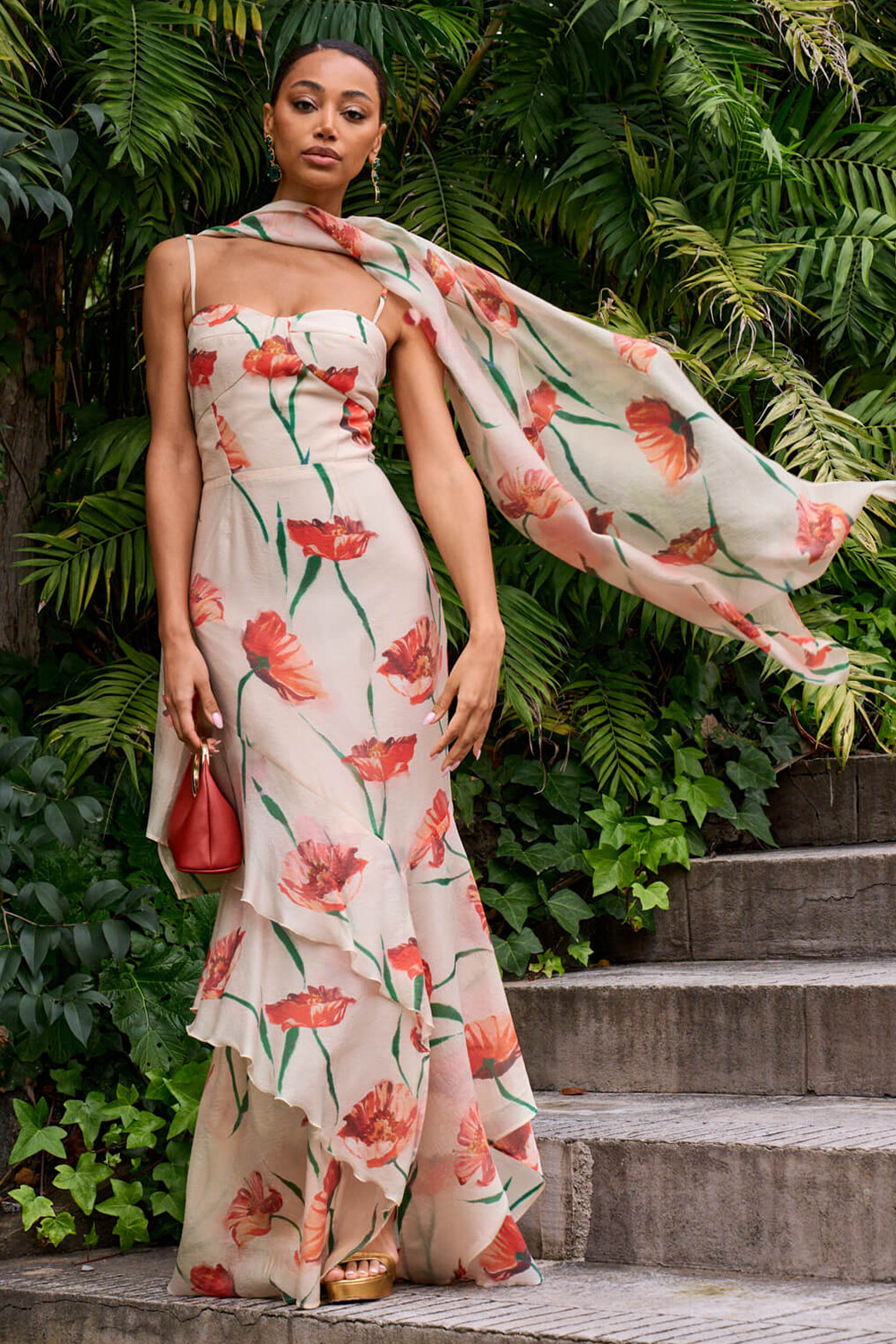 Floral Print Fishtail Tiered Hem Gowns Slip Maxi Dresses-Beige [Pre Order]