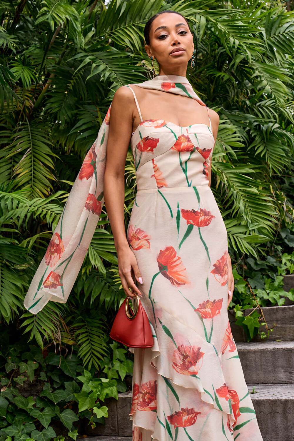 Floral Print Fishtail Tiered Hem Gowns Slip Maxi Dresses-Beige [Pre Order]
