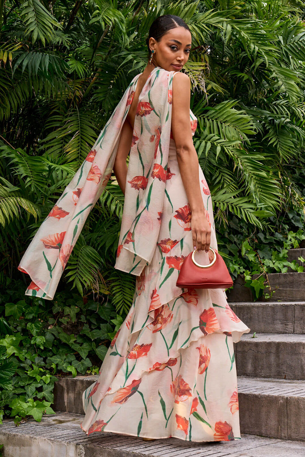 Floral Print Fishtail Tiered Hem Gowns Slip Maxi Dresses-Beige [Pre Order]