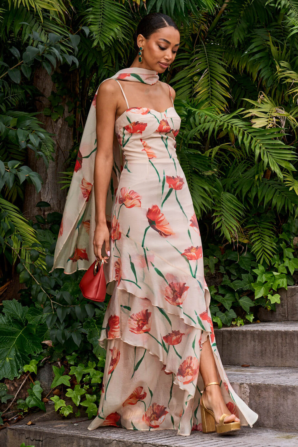 Floral Print Fishtail Tiered Hem Gowns Slip Maxi Dresses-Beige [Pre Order]