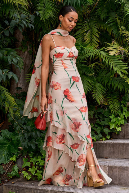 Floral Print Fishtail Tiered Hem Gowns Slip Maxi Dresses-Beige [Pre Order]