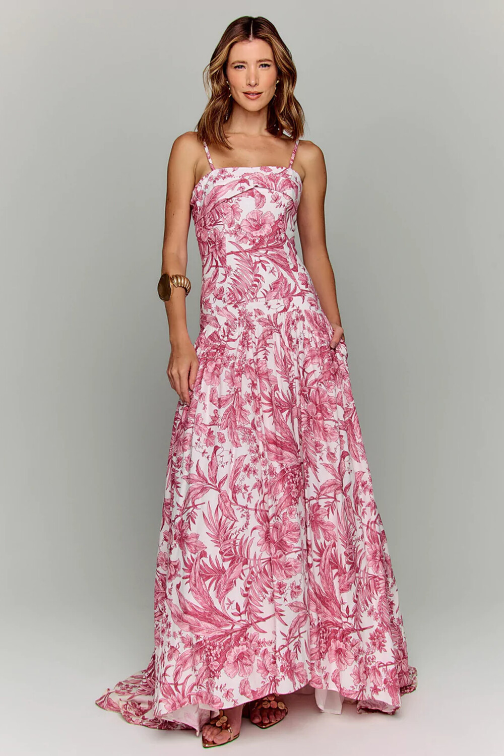 Floral Print Boat Neck Cinch Waist Strappy Maxi Dresses-Red [Pre Order]