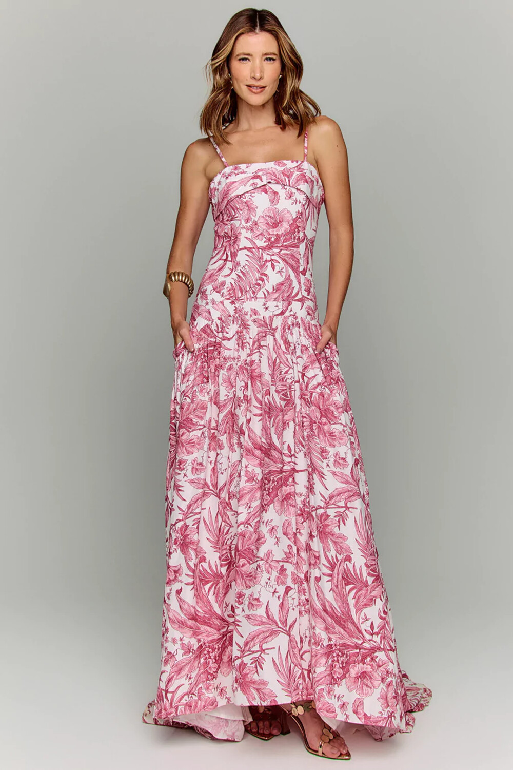 Floral Print Boat Neck Cinch Waist Strappy Maxi Dresses-Red [Pre Order]