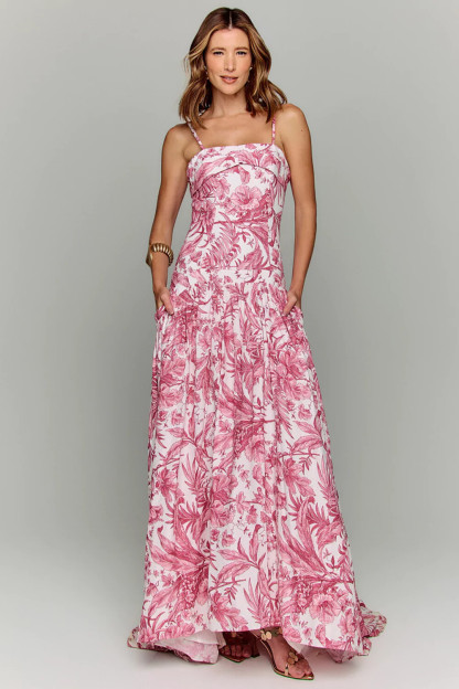 Floral Print Boat Neck Cinch Waist Strappy Maxi Dresses-Red [Pre Order]