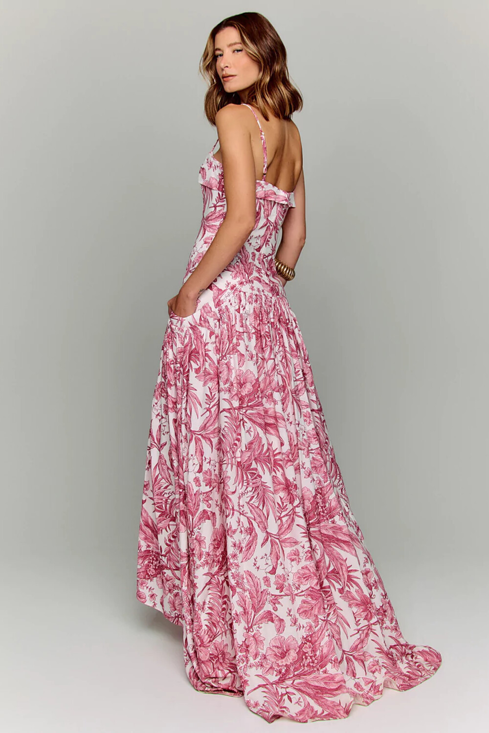 Floral Print Boat Neck Cinch Waist Strappy Maxi Dresses-Red [Pre Order]