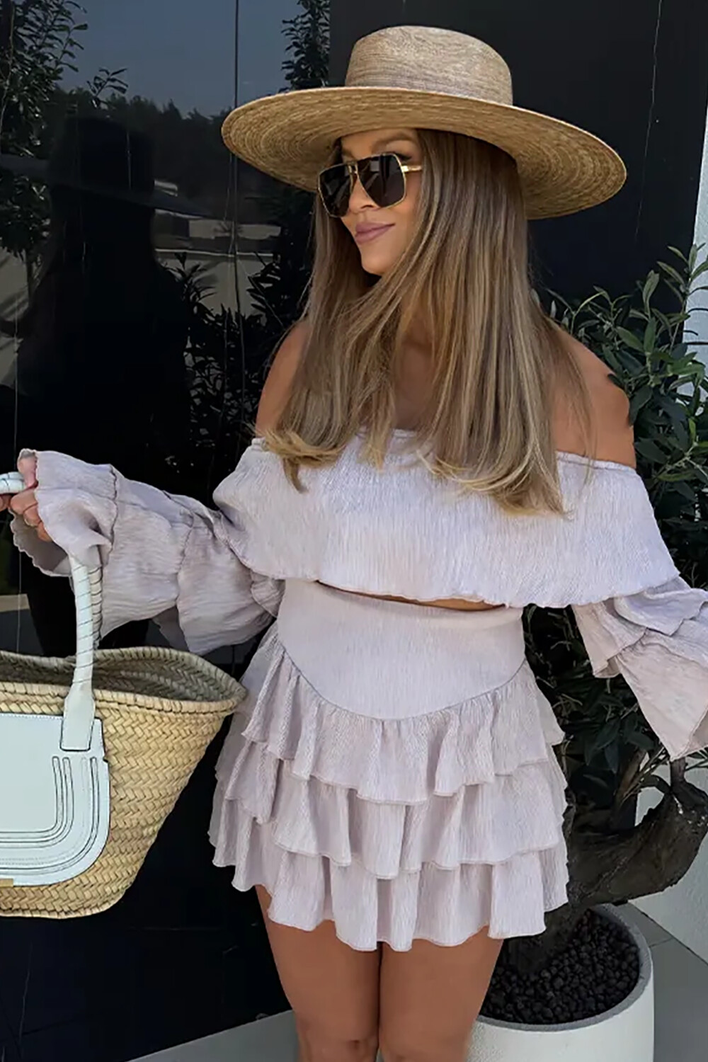 Tiered Ruffled Off Shoulder Crop Top Mini Skirt 2pcs Set-Pink [Pre Order]