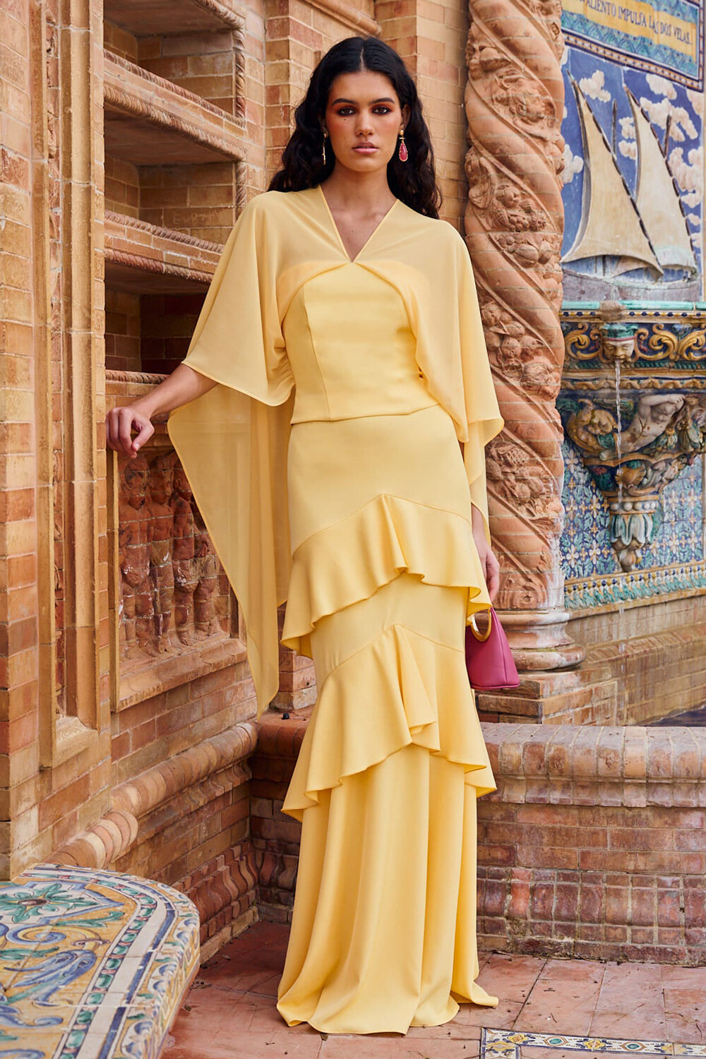 Crossover Shawl Top Tiered Ruffled Maxi Skirt 2pcs Set-Yellow [Pre Order]