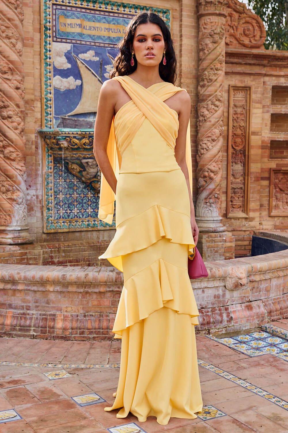 Crossover Shawl Top Tiered Ruffled Maxi Skirt 2pcs Set-Yellow [Pre Order]
