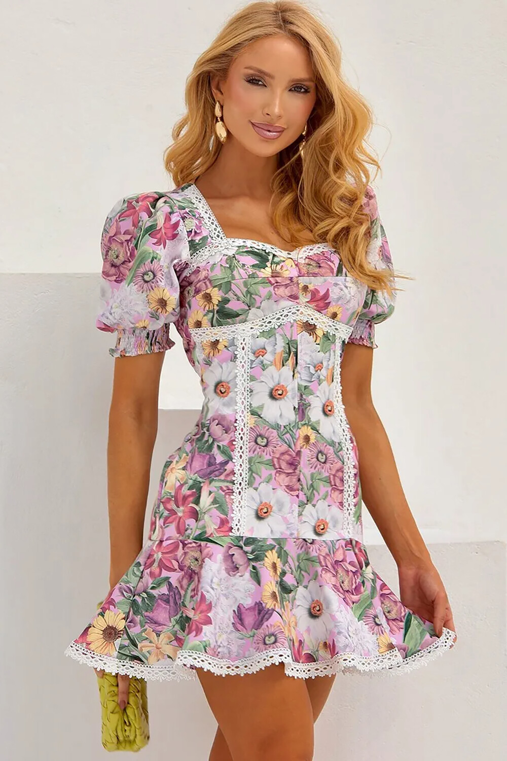 Floral Print Puff Sleeve Ruffled Lace Trim Mini Dresses-Lilac [Pre Order]
