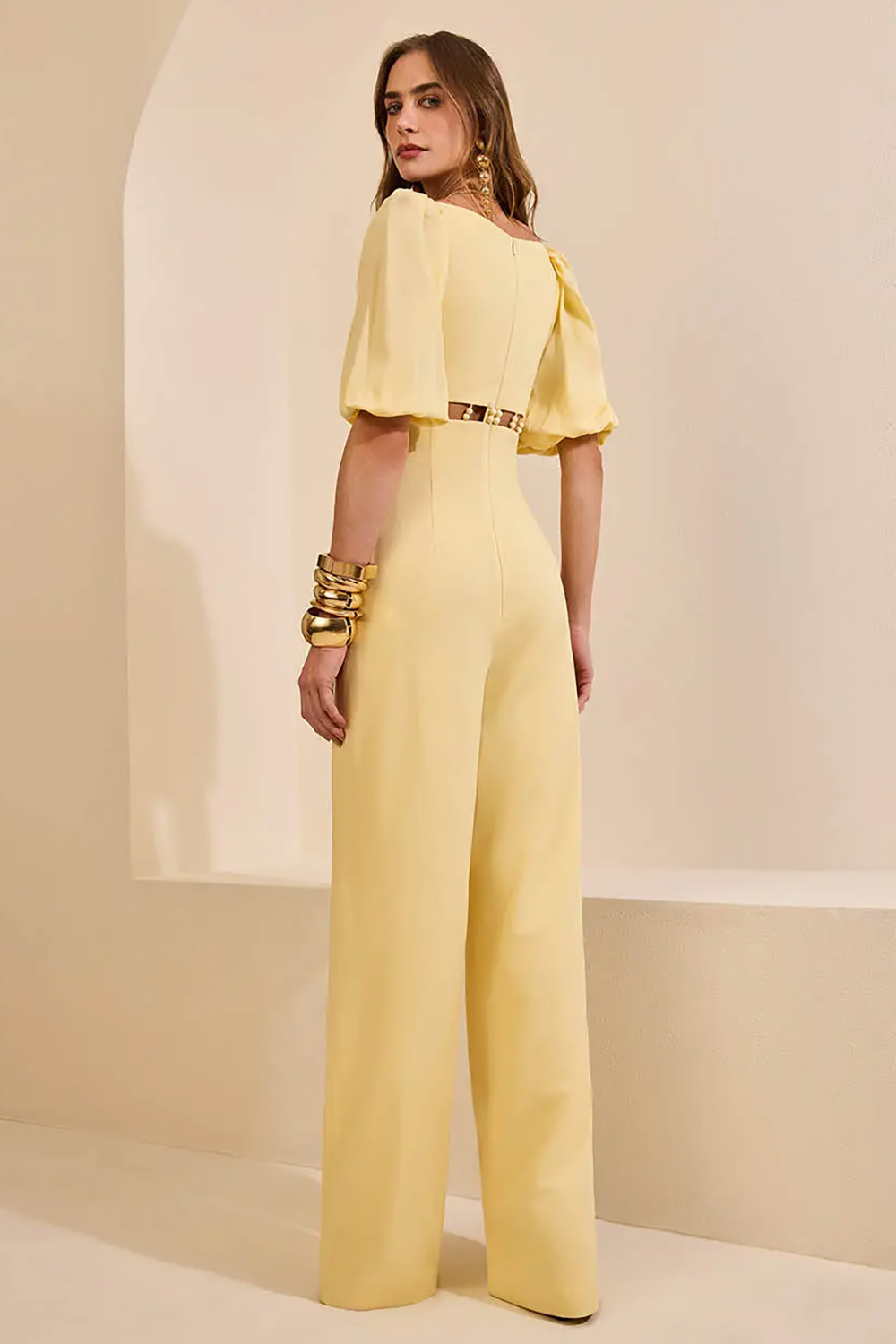 Puff Sleeve Beady Cutout Wide Leg Solid Color Jumpsuit-Yellow [Pre Order]