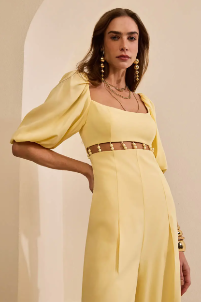 Puff Sleeve Beady Cutout Wide Leg Solid Color Jumpsuit-Yellow [Pre Order]