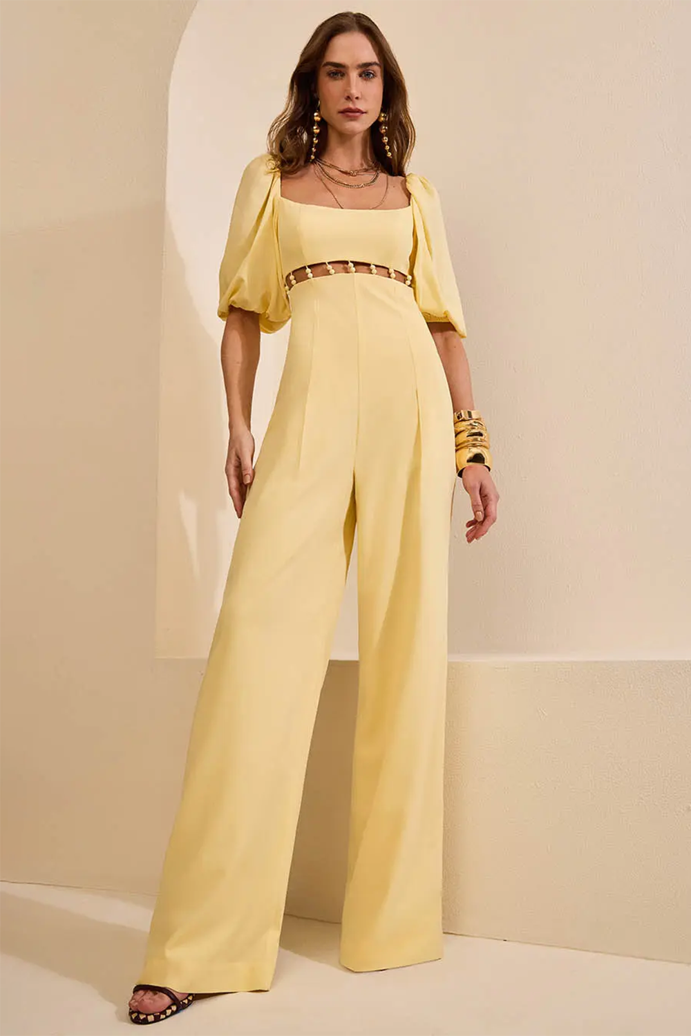 Puff Sleeve Beady Cutout Wide Leg Solid Color Jumpsuit-Yellow [Pre Order]
