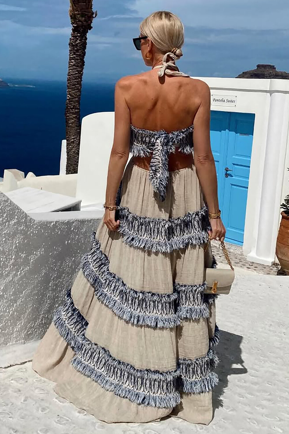 Colorblock Patchwork Raw Edge Halter Flowy Maxi Dresses-Beige [Pre Order]