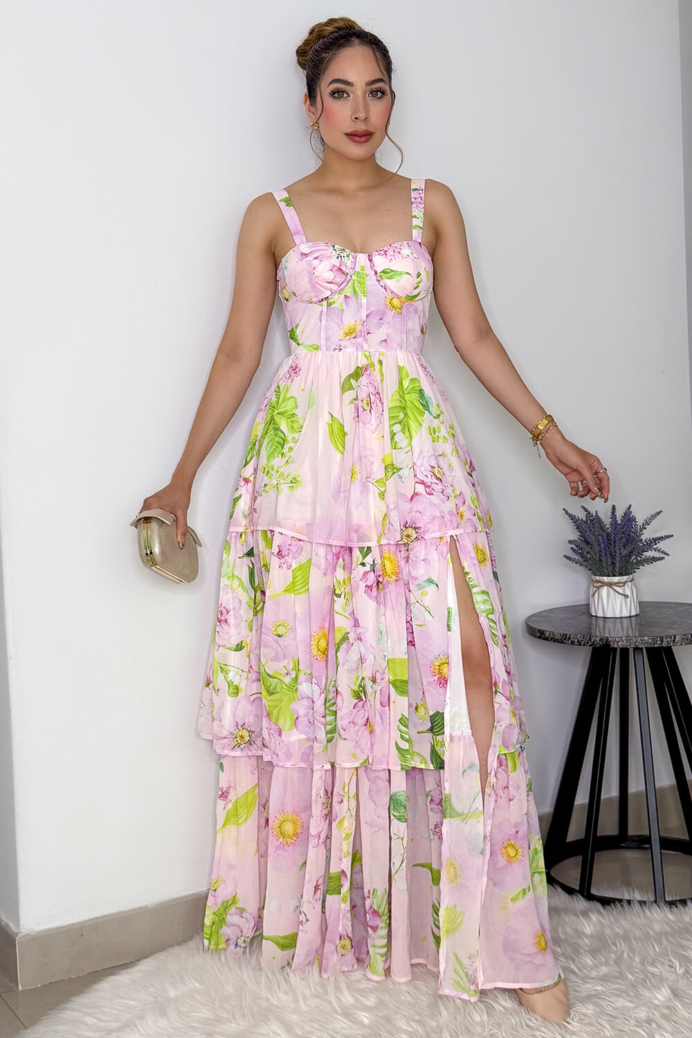 Floral Print Corset Design Slit Hem Slip Maxi Dresses-Lilac [Pre Order]