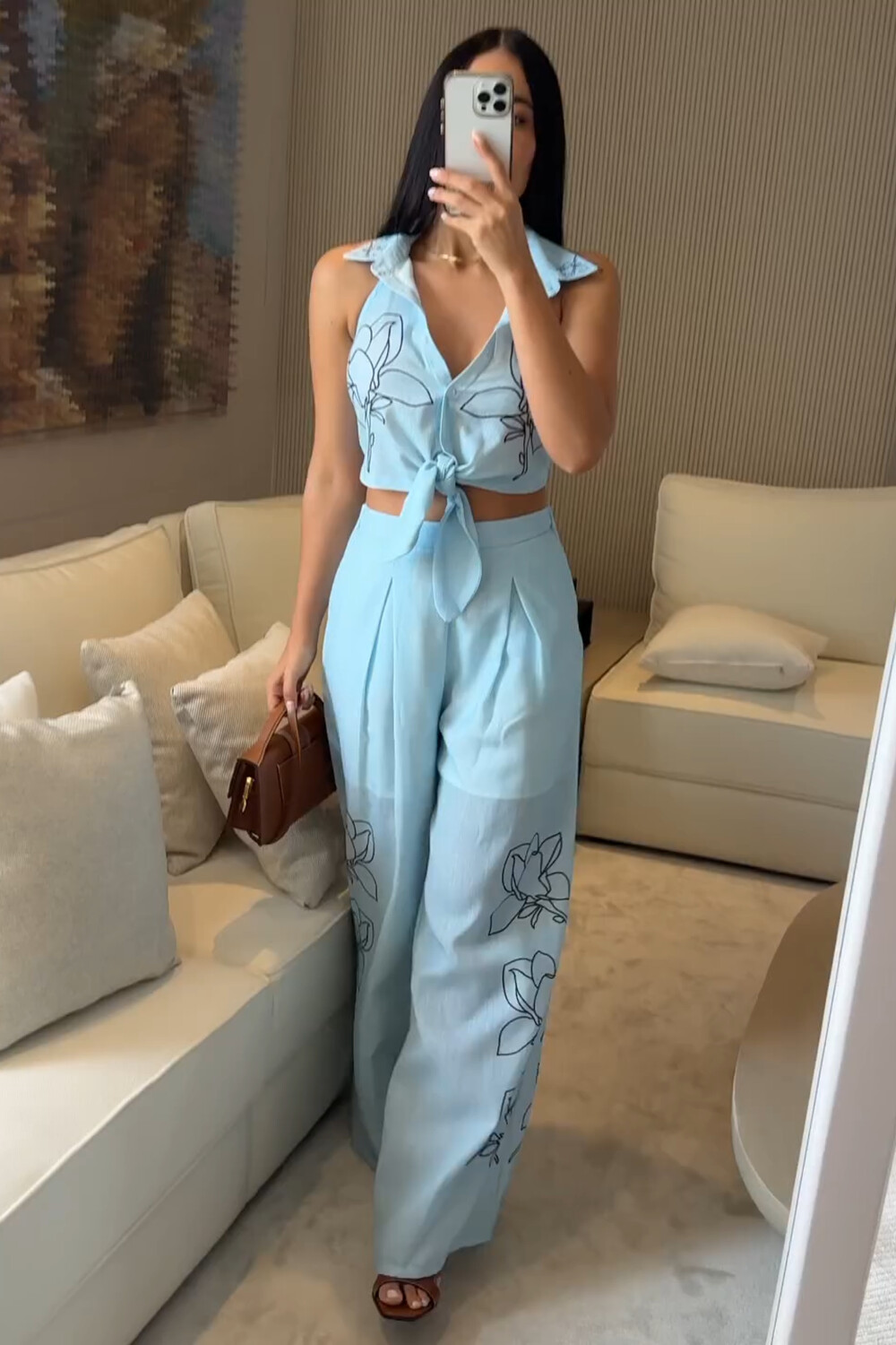 Floral Pattern Sleeveless Crop Top Wide Leg Pants 2pcs Set-Blue [Pre Order]