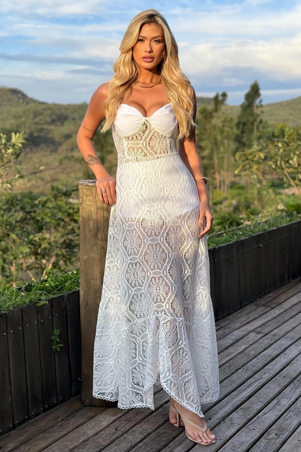 Crochet Floral Pattern V Neck Strappy Maxi Dresses-OffWhite [Pre Order]