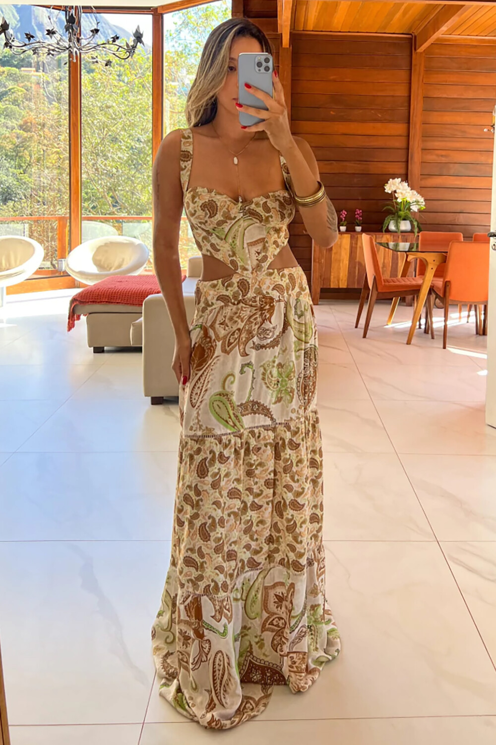 Paisley Print Waist Cutout Vacation Slip Maxi Dresses-Yellow [Pre Order]